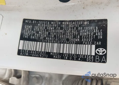 2015 Toyota Corolla S из США, поврежденный, VIN 5YFBURHE4FP294552